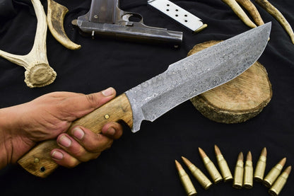 15" Damascus Steel Bowie Knife with Rosewood Handle Hunting Blade