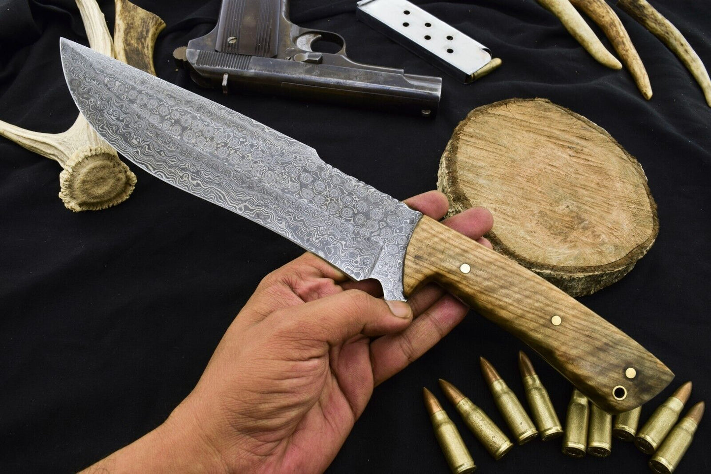 15" Damascus Steel Bowie Knife with Rosewood Handle Hunting Blade
