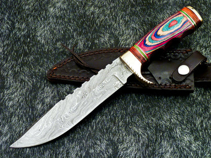 Authentic Hand Forged Damascus 12" Bowie Hunting Knife – Hard Wood Handle
