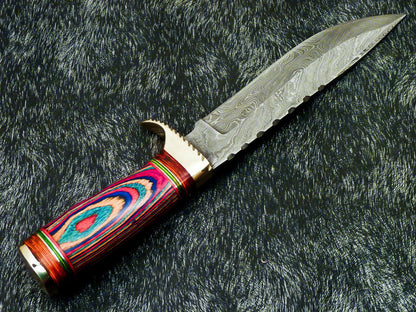 Authentic Hand Forged Damascus 12" Bowie Hunting Knife – Hard Wood Handle