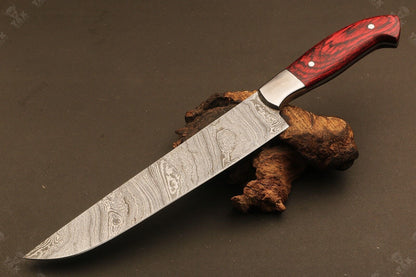 14" Hand Forged Ladder Damascus Steel Santoku Chef Knife – Camel Bone & Wood Handle