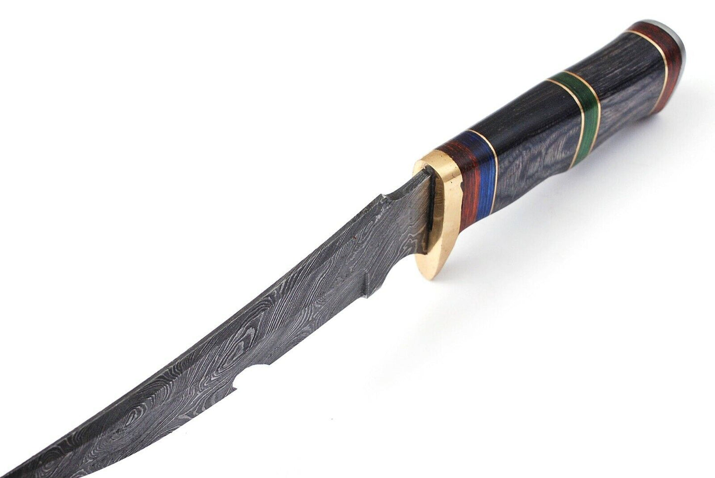 12" Custom Handmade Damascus Steel Bowie Hunting Knife with Brass Work & Leather Sheath