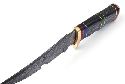 12" Custom Handmade Damascus Steel Bowie Hunting Knife with Brass Work & Leather Sheath