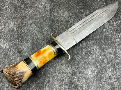 Heritage Forge 14 Inch Damascus Steel Hunting Survival Knife with Camel Bone and Horn Handle