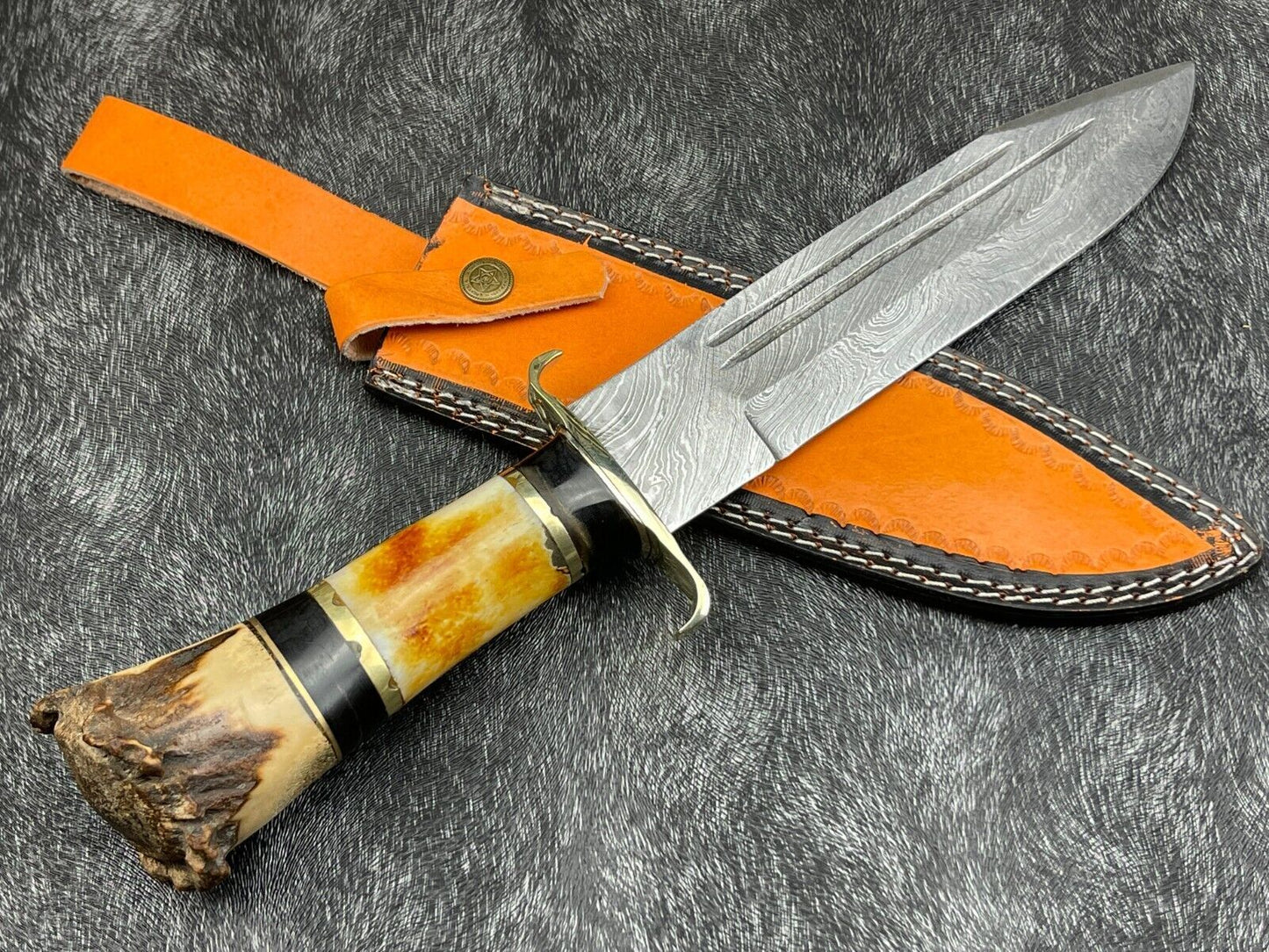 Heritage Forge 14 Inch Damascus Steel Hunting Survival Knife with Camel Bone and Horn Handle