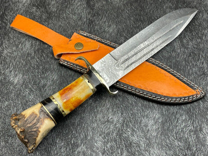 Heritage Forge 14 Inch Damascus Steel Hunting Survival Knife with Camel Bone and Horn Handle