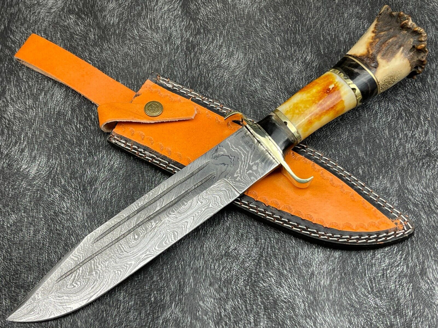 Heritage Forge 14 Inch Damascus Steel Hunting Survival Knife with Camel Bone and Horn Handle