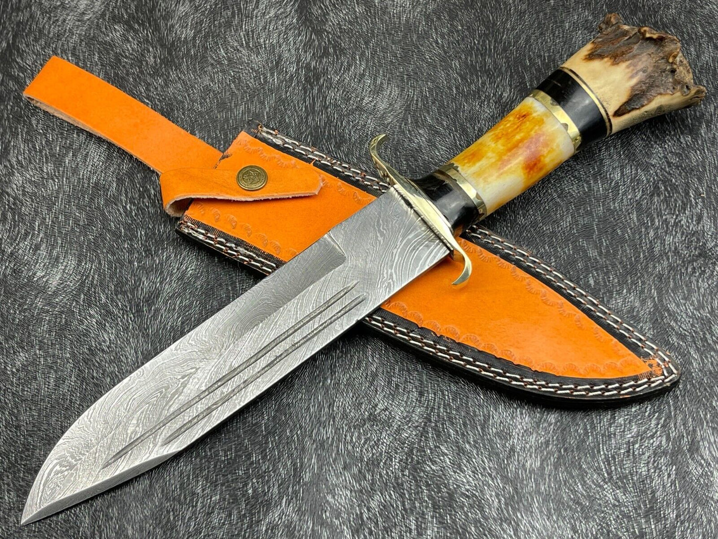 Heritage Forge 14 Inch Damascus Steel Hunting Survival Knife with Camel Bone and Horn Handle