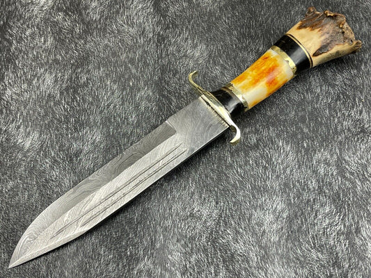 14 inch handmade Damascus steel Bowie knife with amber bone and stag antler handle