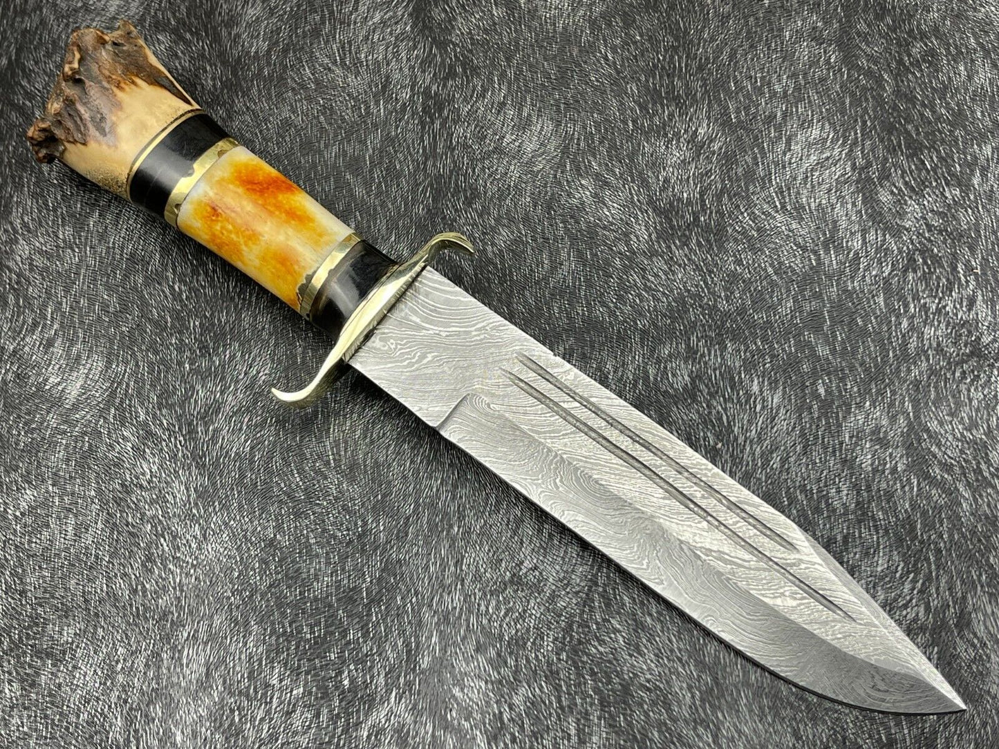 Heritage Forge 14 Inch Damascus Steel Hunting Survival Knife with Camel Bone and Horn Handle