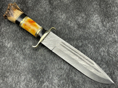 Heritage Forge 14 Inch Damascus Steel Hunting Survival Knife with Camel Bone and Horn Handle