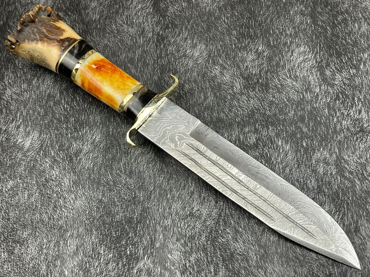 Heritage Forge 14 Inch Damascus Steel Hunting Survival Knife with Camel Bone and Horn Handle