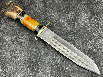 Heritage Forge 14 Inch Damascus Steel Hunting Survival Knife with Camel Bone and Horn Handle