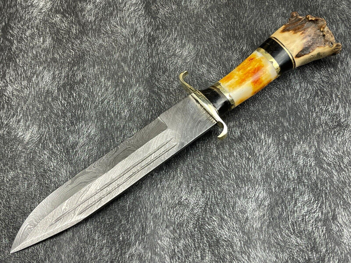 Heritage Forge 14 Inch Damascus Steel Hunting Survival Knife with Camel Bone and Horn Handle