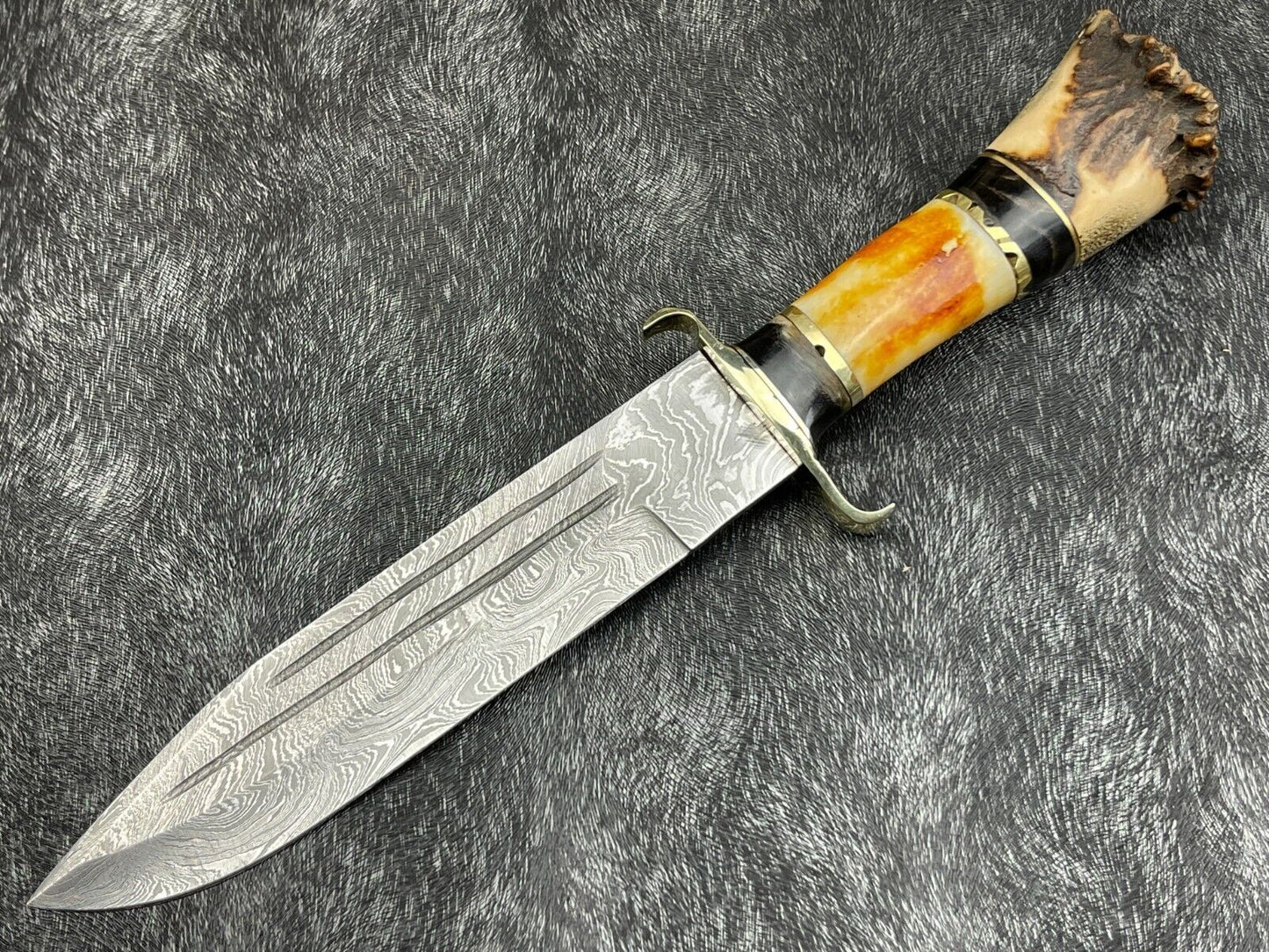 Heritage Forge 14 Inch Damascus Steel Hunting Survival Knife with Camel Bone and Horn Handle