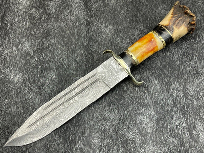 Heritage Forge 14 Inch Damascus Steel Hunting Survival Knife with Camel Bone and Horn Handle