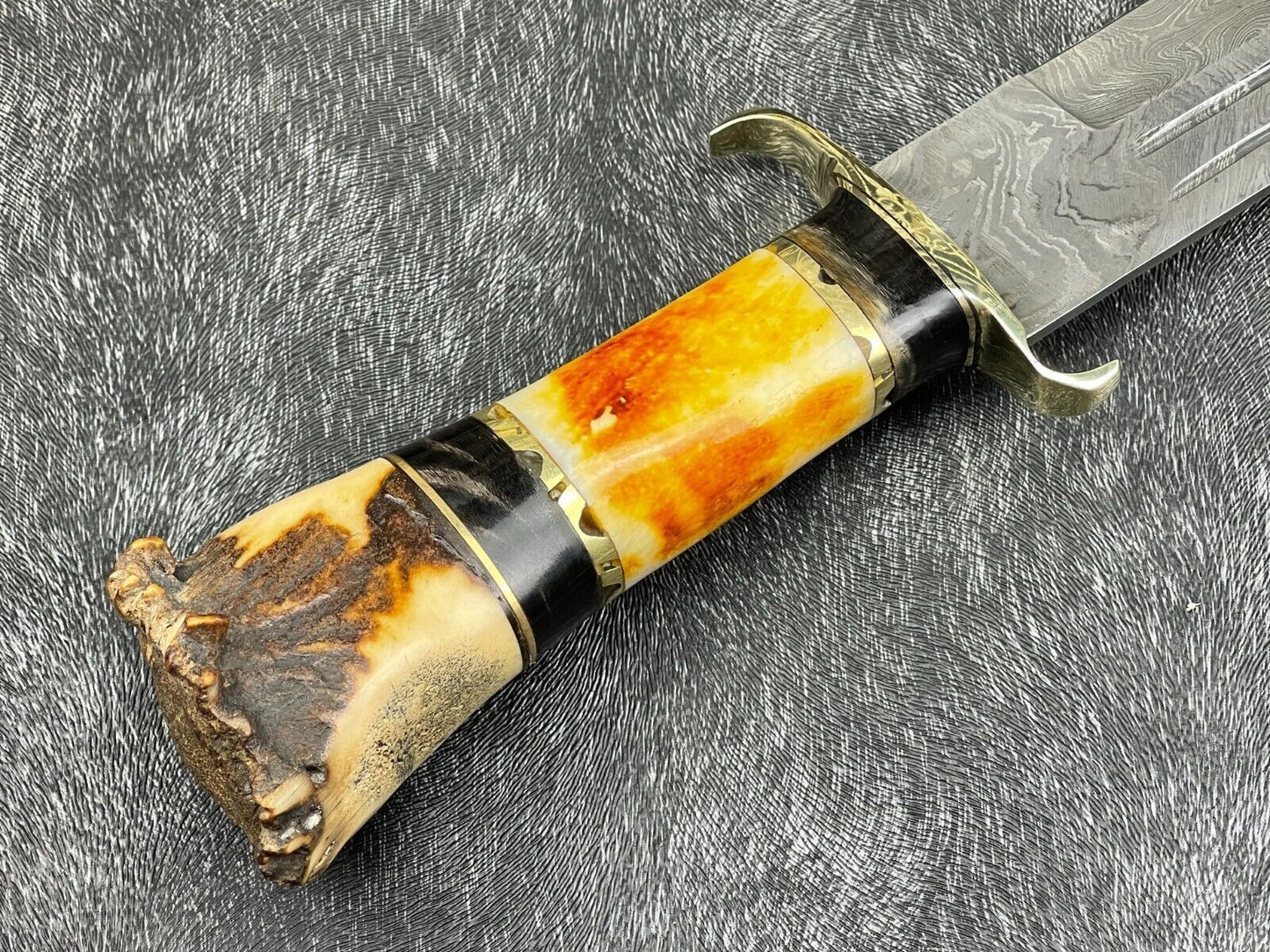 Heritage Forge 14 Inch Damascus Steel Hunting Survival Knife with Camel Bone and Horn Handle