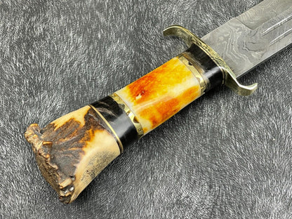 Heritage Forge 14 Inch Damascus Steel Hunting Survival Knife with Camel Bone and Horn Handle