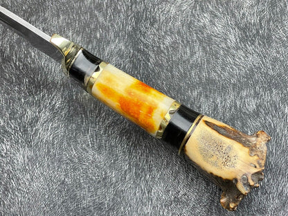 Heritage Forge 14 Inch Damascus Steel Hunting Survival Knife with Camel Bone and Horn Handle