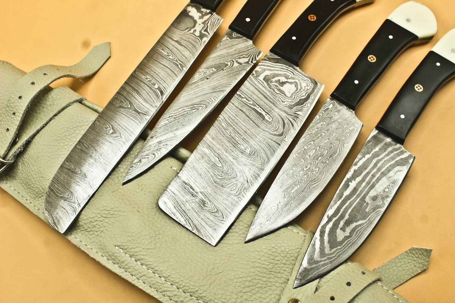Custom Handmade Damascus Chef Set of 5 Chef Knife Kitchen With Leather Sheath