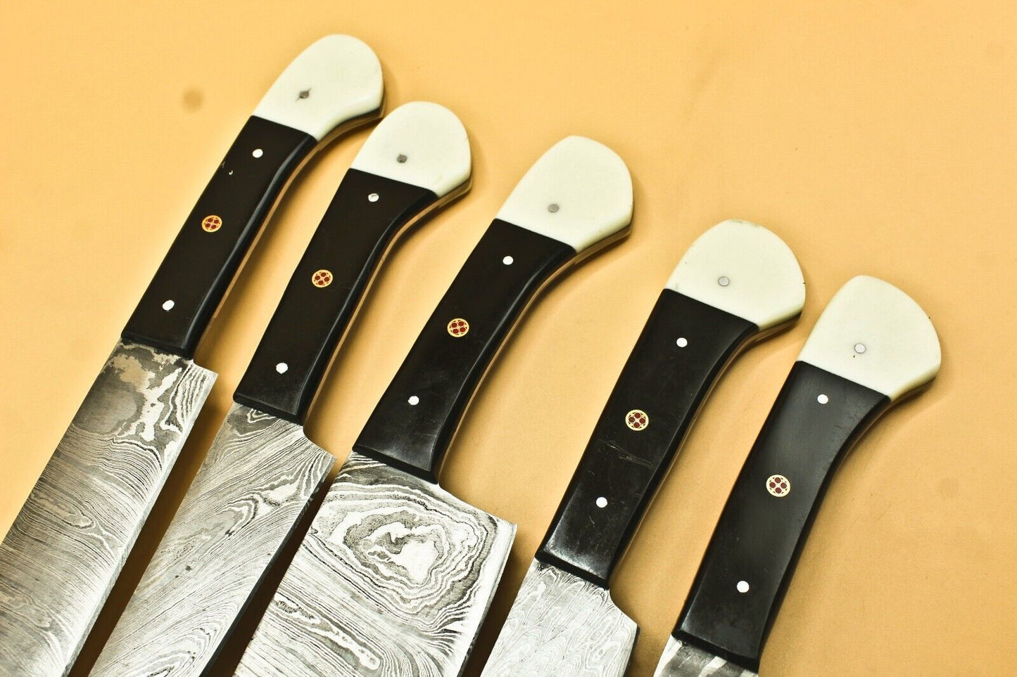 Custom Handmade Damascus Chef Set of 5 Chef Knife Kitchen With Leather Sheath