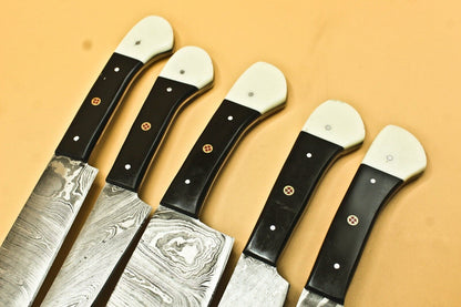 Custom Handmade Damascus Chef Set of 5 Chef Knife Kitchen With Leather Sheath