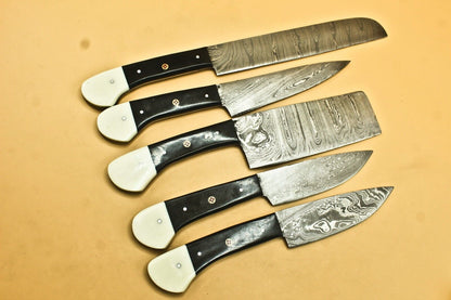 Custom Handmade Damascus Chef Set of 5 Chef Knife Kitchen With Leather Sheath