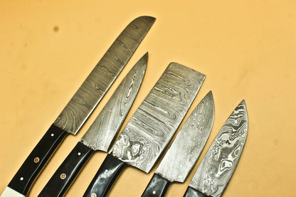 Custom Handmade Damascus Chef Set of 5 Chef Knife Kitchen With Leather Sheath