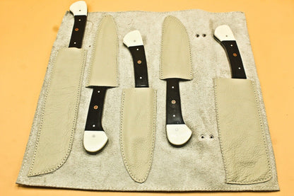 Custom Handmade Damascus Chef Set of 5 Chef Knife Kitchen With Leather Sheath