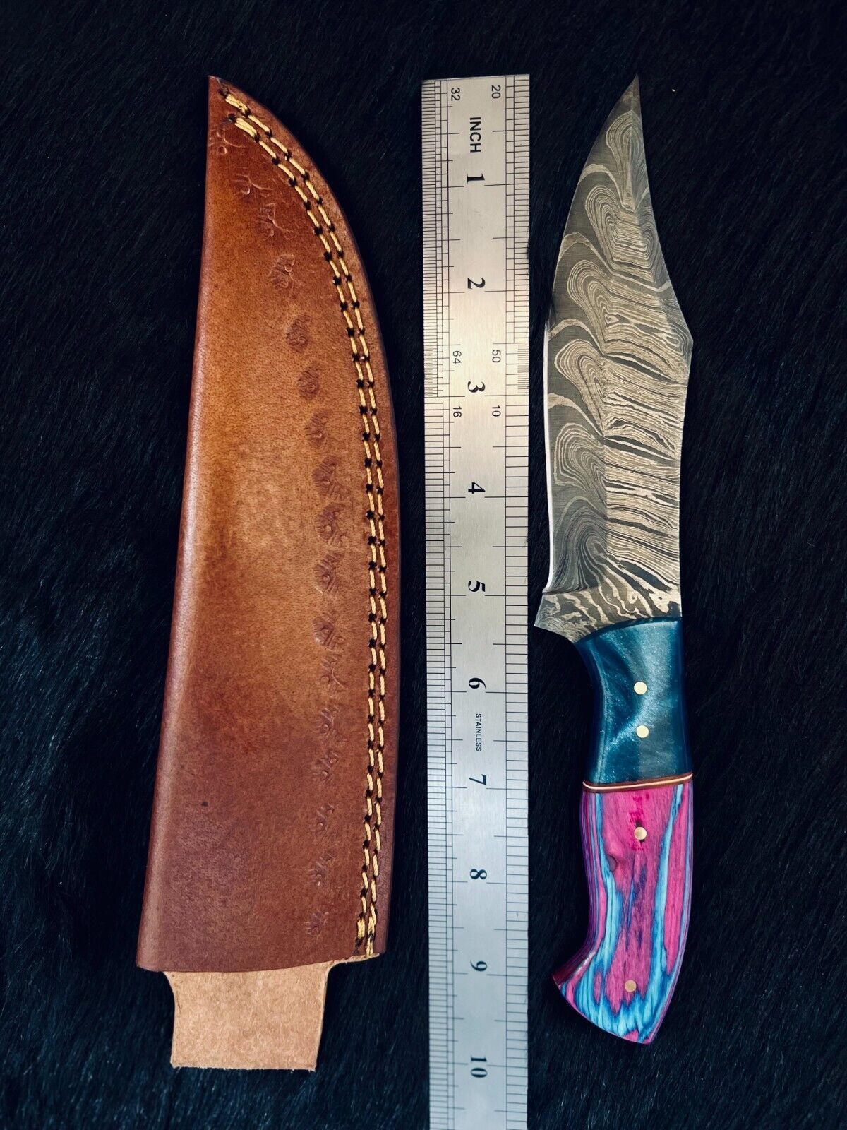 Heritage Forge 9.75 Inch Damascus Steel Bowie Knife Camel Bone and Wood Handle