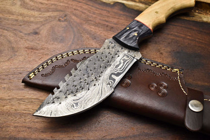 Rare Handmade Damascus Tracker Knife – Full Tang Camping, Hunting & Survival Knife with Leather Sheath