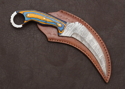 Custom Handmade Damascus Karambit Knife  Wood Handle Karambit Damascus Steel