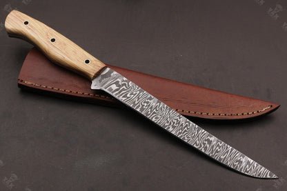 13.5" Handmade Fire Damascus Steel Fillet Knife For Kitchen Use Best Fillet Knife W/Sheath