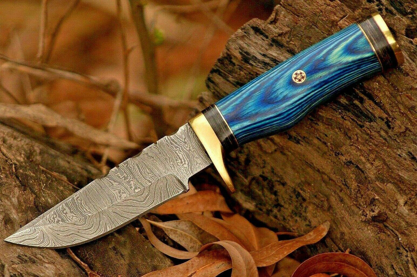 8" Custom Damascus Steel Bowie Hunting Knife – Blue Wood Handle & Brass Guard