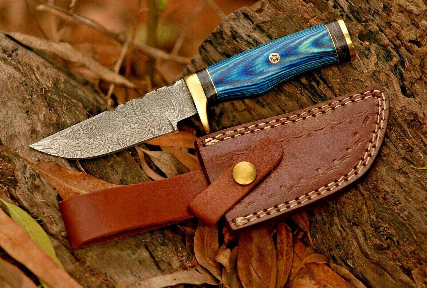 8" Custom Damascus Steel Bowie Hunting Knife – Blue Wood Handle & Brass Guard