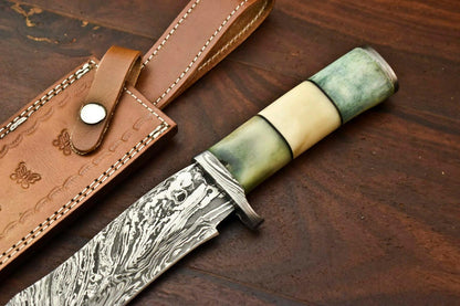 13" Damascus Bowie Knife – Camel Bone Handle & Leather Sheath