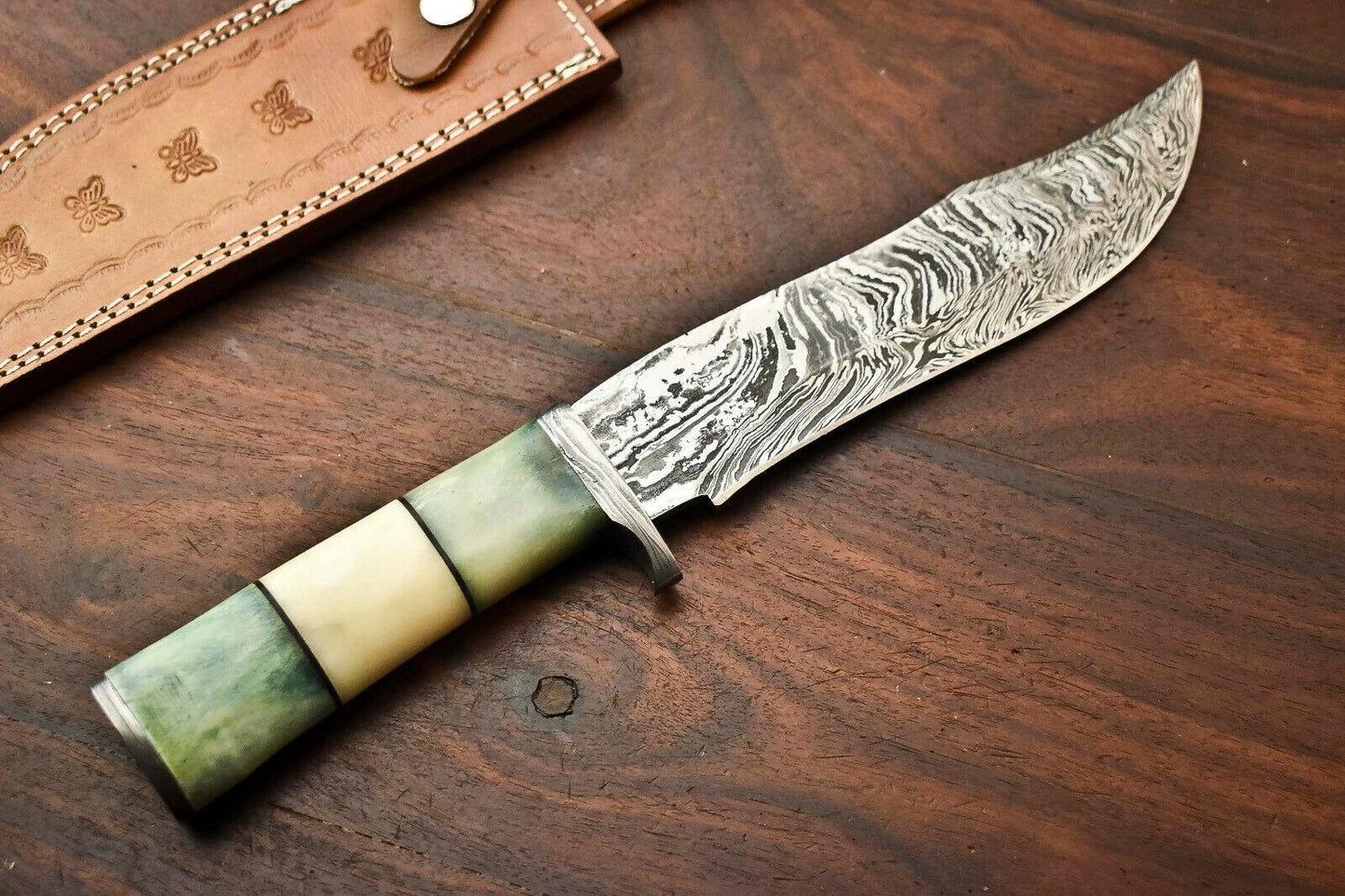 13" Damascus Bowie Knife – Camel Bone Handle & Leather Sheath