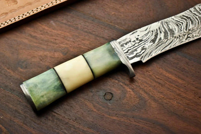 13" Damascus Bowie Knife – Camel Bone Handle & Leather Sheath