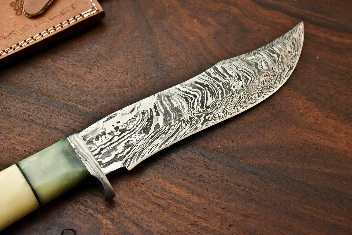 13" Damascus Bowie Knife – Camel Bone Handle & Leather Sheath