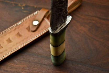 13" Damascus Bowie Knife – Camel Bone Handle & Leather Sheath