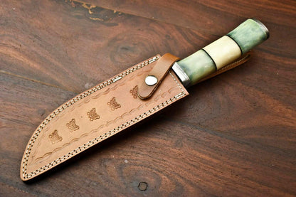 13" Damascus Bowie Knife – Camel Bone Handle & Leather Sheath