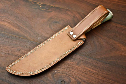 13" Damascus Bowie Knife – Camel Bone Handle & Leather Sheath