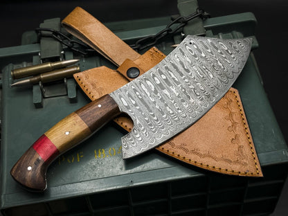 Handmade Damascus Steel Hunting Chef Cleaver Knife with Wood Handle & Leather Sheath