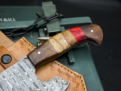 Handmade Damascus Steel Hunting Chef Cleaver Knife with Wood Handle & Leather Sheath