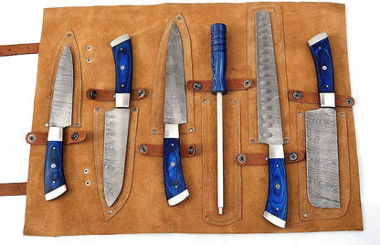 Custom Damascus Steel Kitchen Knife Set – 6 Pc Blue Pakka Wood Handles
