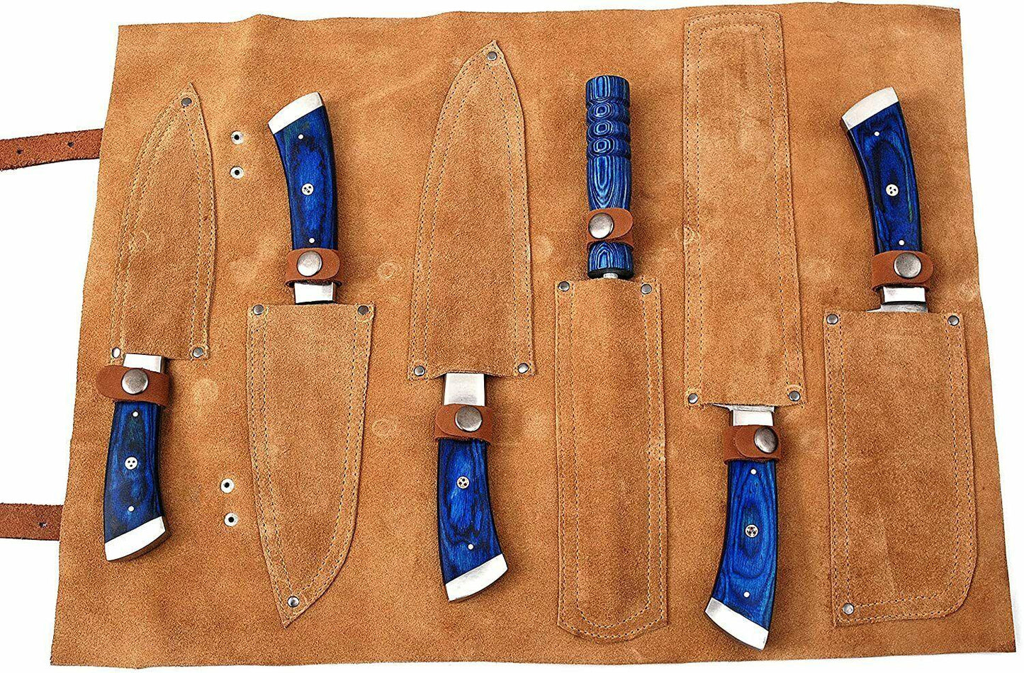 Custom Damascus Steel Kitchen Knife Set – 6 Pc Blue Pakka Wood Handles