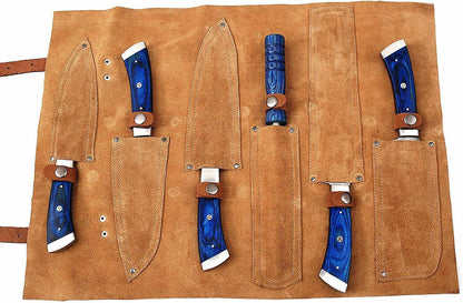 Custom Damascus Steel Kitchen Knife Set – 6 Pc Blue Pakka Wood Handles