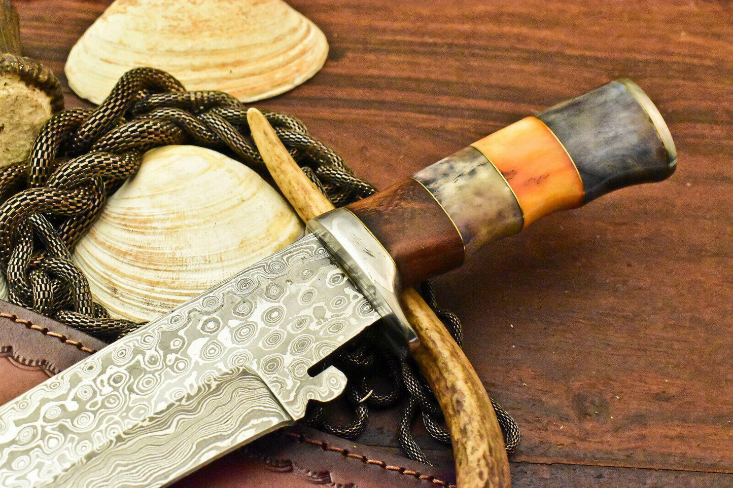 12" Handmade Damascus Bowie Knife | Stained Camel Bone Handle