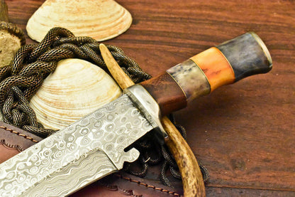 12" Handmade Damascus Bowie Knife | Stained Camel Bone Handle