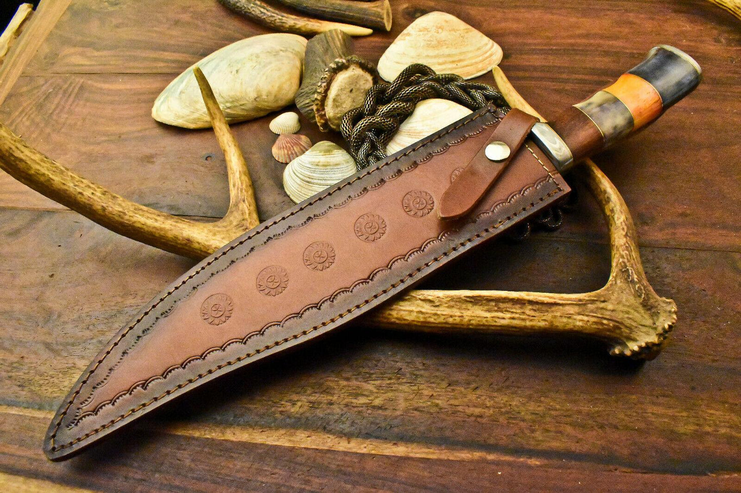 12" Handmade Damascus Bowie Knife | Stained Camel Bone Handle